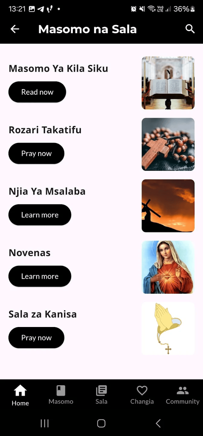 Catholic Masomo na Sala screen listing daily readings, rosary, novenas and church prayers in Kiswahili