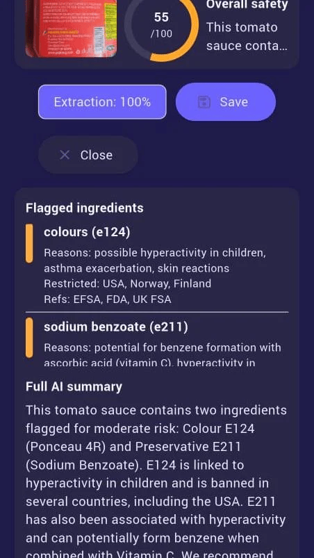PureScan ingredient analysis screen showing a product safety rating